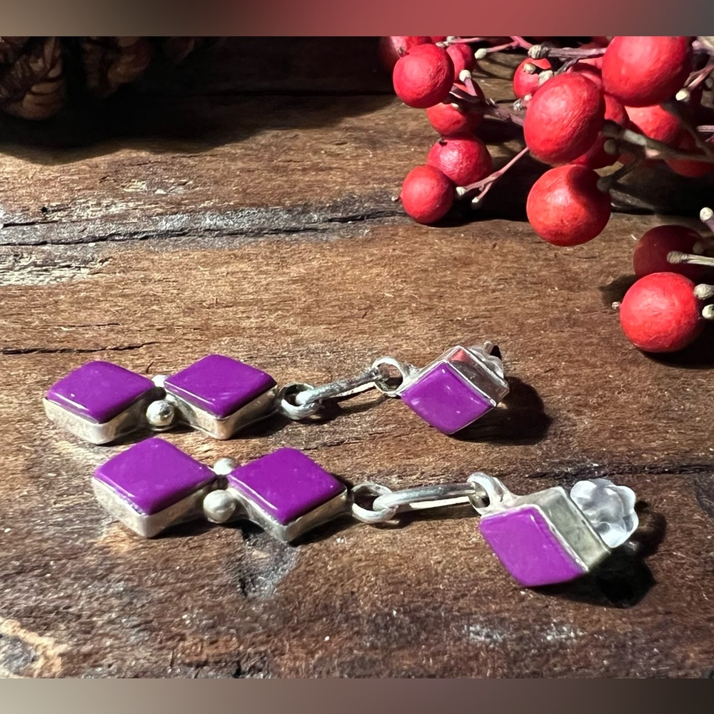 Native American Mexico ? Earrings Purple Sugilite  Dangle Sterling Silver 4cm